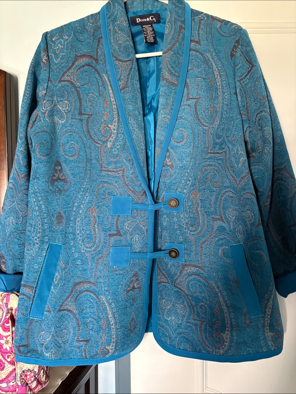 Denim & Co Teal Metallic Paisley Blazer